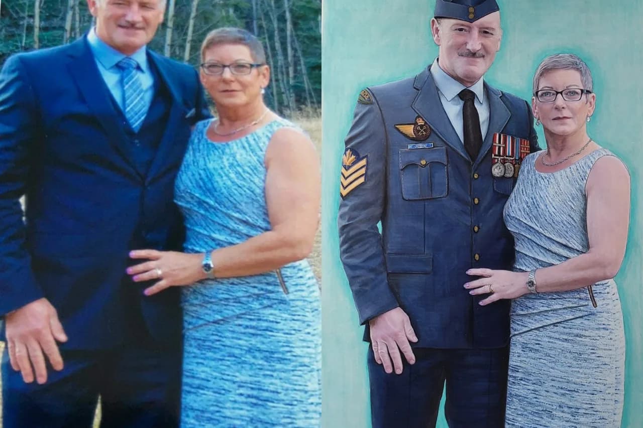 Portrait artwork showing a service member and family member